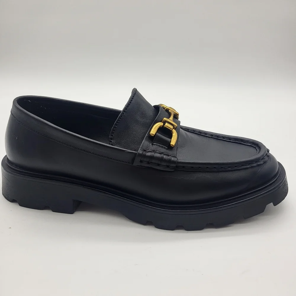 Zara Women's Black Leather Loafers with Gold Detail - Picture 2 of 10